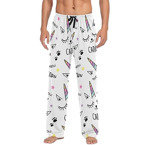 Oudrspo Pyjamahose mit Katzen-Einhorn-Motiv für Herren, Bequeme Lange Pyjamahose mit Taschen, Jogginghose von Oudrspo