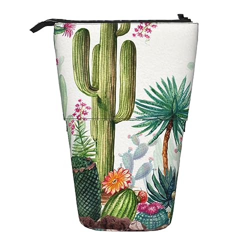 Oudrspo Teleskop-Federmäppchen, Federmäppchen, Standfunktion, Kaktus-Blumen-Druck, Bleistifthalter, Stifttasche, Kosmetiktasche mit Reißverschluss für Männer und Frauen von Oudrspo