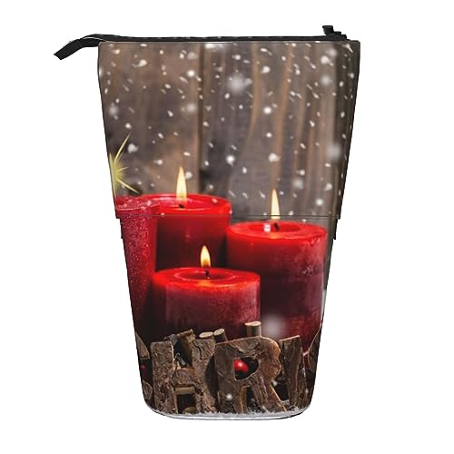 Oudrspo Teleskop-Federmäppchen, Federmäppchen zum Aufstellen, Weihnachts-Rotkerzen-Druck, Bleistifthalter, Stifttasche, Kosmetiktasche mit Reißverschluss für Männer und Frauen von Oudrspo