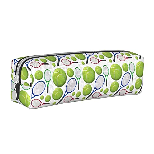 Oudrspo Tennisschläger und Bälle, Federmäppchen, rund, Stiftetui, tragbar, Leder-Organizer mit Reißverschluss, Kosmetiktasche von Oudrspo