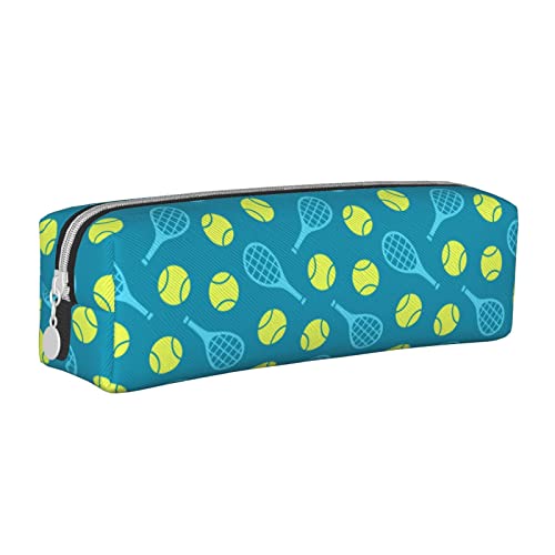 Oudrspo Tennisschläger und Bälle, Federmäppchen, rund, Stiftetui, tragbar, Leder-Organizer mit Reißverschluss, Kosmetiktasche von Oudrspo