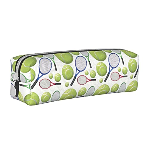 Oudrspo Tennisschläger und Bälle, Federmäppchen, rund, Stiftetui, tragbar, Leder-Organizer mit Reißverschluss, Kosmetiktasche von Oudrspo