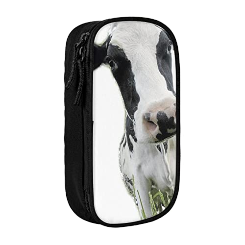 Oudrspo Tierischer lustiger Kuhkopf schwarz weiß bedrucktes großes Federmäppchen, langlebiges Federmäppchen, tragbare Schreibwarentasche, Schreibwaren-Organizer von Oudrspo