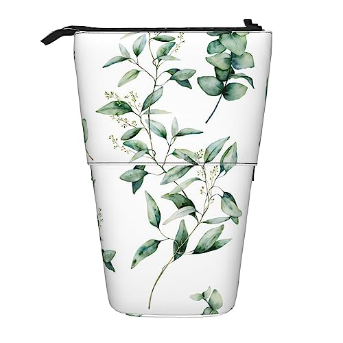 Oudrspo Weißes Federmäppchen mit Naturgrünzweigen, bedrucktes Federmäppchen, ausziehbarer Federhalter, süßes Schreibwarenmäppchen, Büro-Organizer mit Reißverschluss von Oudrspo