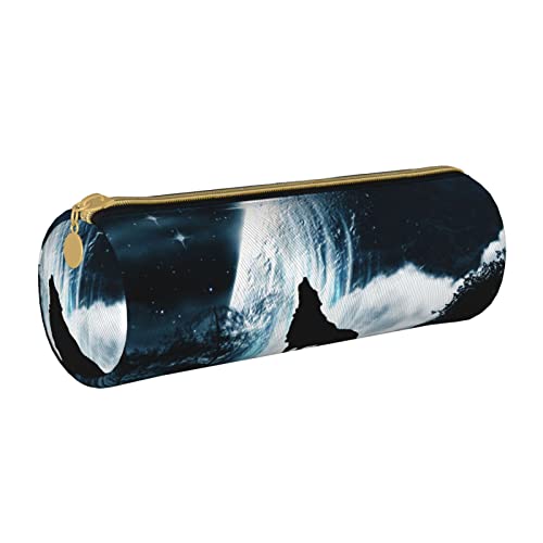 Oudrspo Wolf Howling at The Moon Bedruckter Leder-Reißverschluss-Bleistiftbeutel, tragbare Schreibwarentasche, Organizer-Schreibwaren-Etui, Unisex von Oudrspo