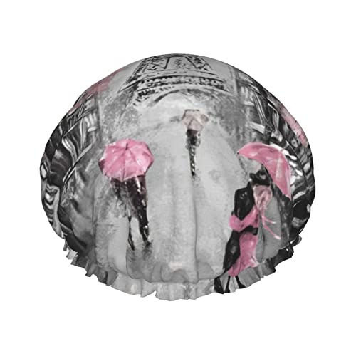 Paris Street Tower Pink Floral Bedruckte Duschhauben für Frauen, wiederverwendbare elastische Badekappen, doppelt wasserdichte Badeduschmütze von Oudrspo