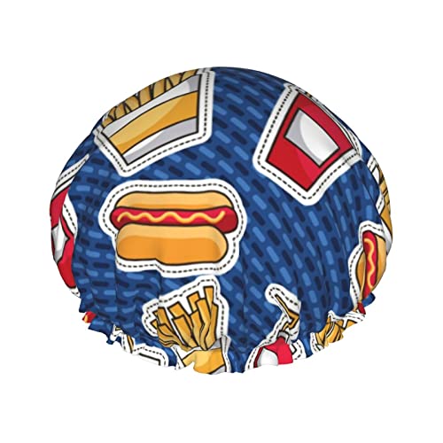 Patch-Fast-Food-Muster, wasserdichte Duschkappe, elastische Bade-Haarkappe, Umweltschutz-Haar-Badekappen, doppelte wasserdichte Schichten, Bade-Duschhut von Oudrspo
