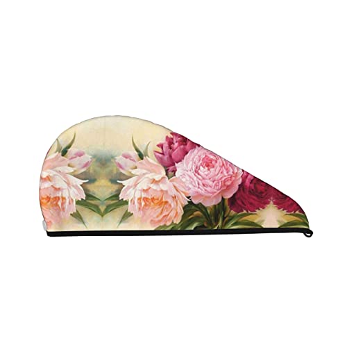 Pfingstrosen-Blumen-Blüten-Haar-Trocknungstuch, schnell trocknend, saugfähig, Korallensamt, trockene Haarkappe mit festem Knopf zum Trocknen von langem, dickem Haar von Oudrspo