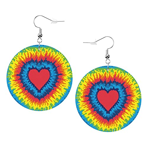 Regenbogen-Tie-Dye-Herz-Ohrringe, Batik-Textur, runde Form, Leder-Ohrring, leichter baumelnder Damen- und Mädchen-Schmuck, perfekt für den Alltag von Oudrspo
