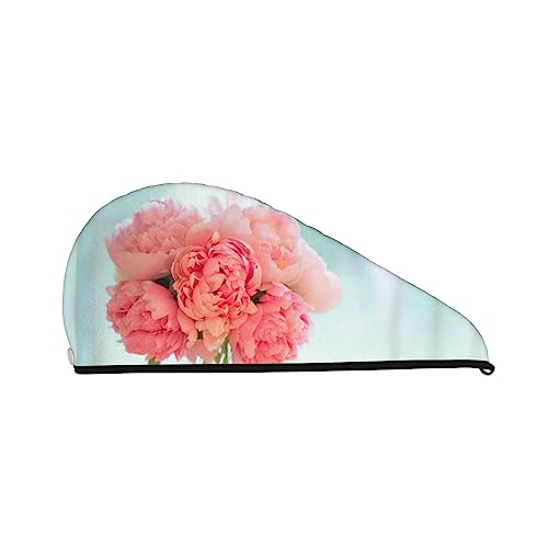 Rosafarbenes, mit Blumenmuster bedrucktes Haartrocknungstuch, schnell trocknend, saugfähig, aus Korallensamt, trockene Haarkappe mit festem Knopf zum Trocknen von langem, dickem Haar von Oudrspo