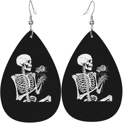 Rosen-Skelett-Totenkopf-Rock-and-Roll-Weihnachtsohrringe mit grünen Blättern aus Leder in Tropfenform für Frauen, Weihnachtsdekoration Rosen-Skelett-Totenkopf-Rock-and-Roll-Weihnachtsohrringe mit grünen Blättern aus Leder in Tropfenform für Frauen, Weihnachtsdekoration von Oudrspo