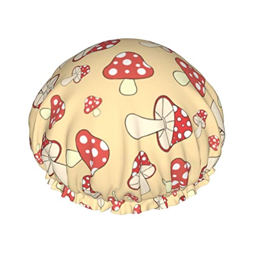 Rote Polka Dots Mushrooms Wiederverwendbare Duschhaube für Damen, wasserdichte Badekappe mit PEVA-Futter, doppellagiger, elastischer Stretch-Saum, Badekappe, wasserdichte, dehnbare Haarkappe für Dam von Oudrspo