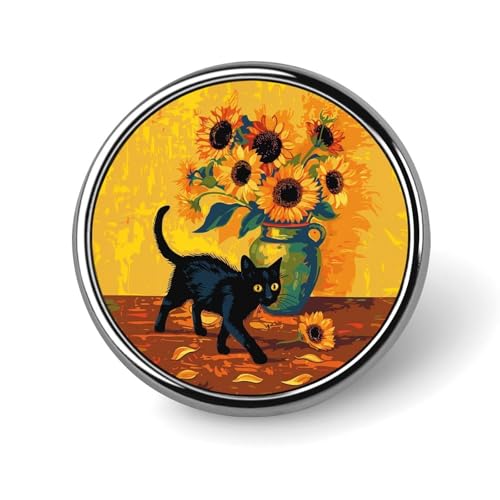 Runde Brosche mit leuchtenden Sonnenblumen und schwarzen Katzen, Anstecknadel, Revers, Krawattennadel für Damen und Herren, Büroangestellte, Lehrer, Dekoration Runde Brosche mit leuchtenden Sonnenblumen und schwarzen Katzen, Anstecknadel, Revers, Krawattennadel für Damen und Herren, Büroangestellte, Lehrer, Dekoration von Oudrspo