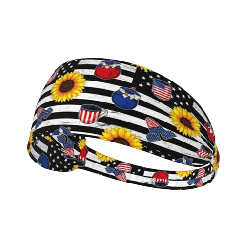 Rutschfeste Schweiß-Stirnbänder für Damen und Mädchen für Yoga Workout und Laufen Haarbänder und Stirnbänder mit Sonnenblumen-Kunst und schwarz-weißer amerikanischer Flagge von Oudrspo