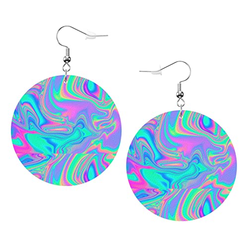 Schillernde marmorierte holografische Textur-Ohrringe, runde Form, Leder-Ohrring, leichter baumelnder Damen- und Mädchen-Schmuck, perfekt für den Alltag von Oudrspo