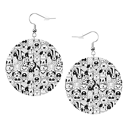Schwarz-weiße Doodle-Hunde1-Ohrringe. Schwarz-weiße Doodle-Hunde-Ohrringe aus Leder in runder Form. Leichter, baumelnder Damen- und Mädchen-Schmuck, perfekt für den Alltag von Oudrspo