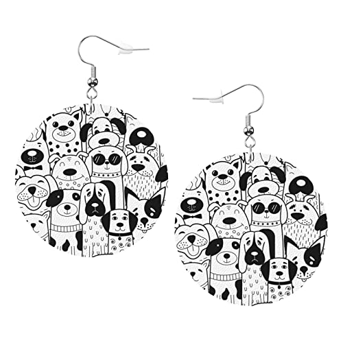 Schwarz-weiße Doodle-Hunde2-Ohrringe. Schwarz-weiße Doodle-Hunde-Ohrringe aus Leder in runder Form. Leichter, baumelnder Damen- und Mädchen-Schmuck, perfekt für den Alltag von Oudrspo