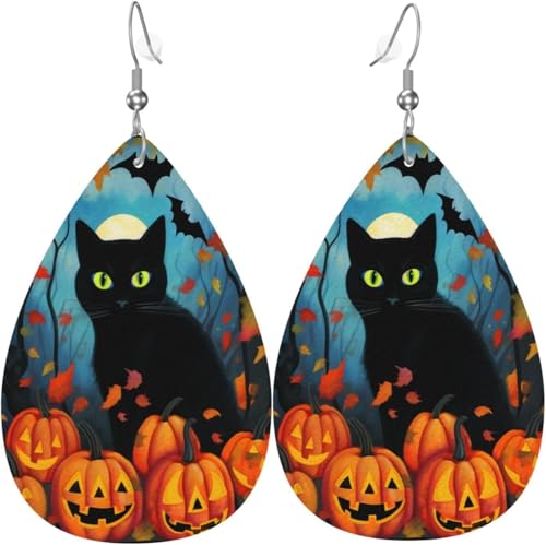 Schwarze Katze Halloween Kürbis Herbst Halloween Kürbis mit Flaggen Mond Leder Tropfen Ohrringe für Frauen Dekorationen von Oudrspo