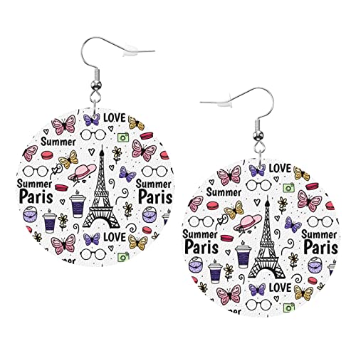 Sommer-Paris-Eiffelturm-Schmetterlings-Ohrringe, Paris-Eiffelturm-runde Form-Leder-Ohrring, leichter baumelnder Frauen-Mädchen-Schmuck, perfekt für den Alltag von Oudrspo