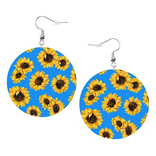 Sonnenblumen-Ohrringe mit blauem Hintergrund, Sonnenblumen-Ohrringe, runde Form, Leder-Ohrringe, leicht, baumelnd, Damen- und Mädchen-Schmuck, perfekt für den Alltag von Oudrspo