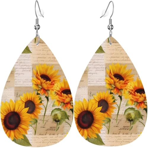 Sonnenblumen und Postkarte Zeitung Kürbis Ahornblatt Blume Leder Teardrop Ohrringe für Frauen Dekorationen von Oudrspo