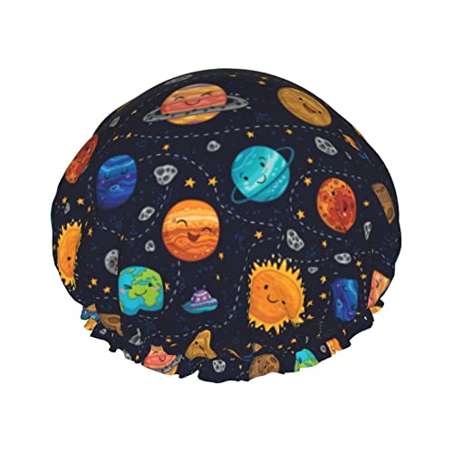 Space Planet Wiederverwendbare Duschhaube für Damen, wasserdichte Badekappe mit PEVA-Futter, doppellagiger, elastischer Stretch-Saum, Badekappe, wasserdichte, dehnbare Haarkappe für Damen und Herren von Oudrspo