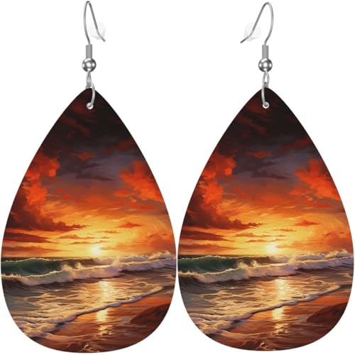 Strand Sonnenuntergang Aquarell Zweige Blätter Leder Teardrop Ohrringe für Frauen Hochzeit Dekorationen von Oudrspo
