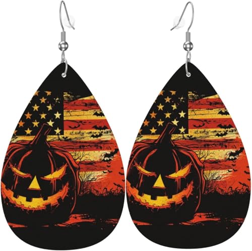 Süßes oder Saures, Halloween-Kürbisbaum, Mond, Halloween-Baum, Leder-Tropfenohrringe für Frauen von Oudrspo