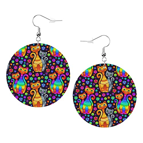 Trippy Cats And Flowers Ohrringe Trippy Cats And Flowers Runde Form Lederohrring Leichter baumelnder Damen- und Mädchenschmuck, perfekt für den Alltag von Oudrspo