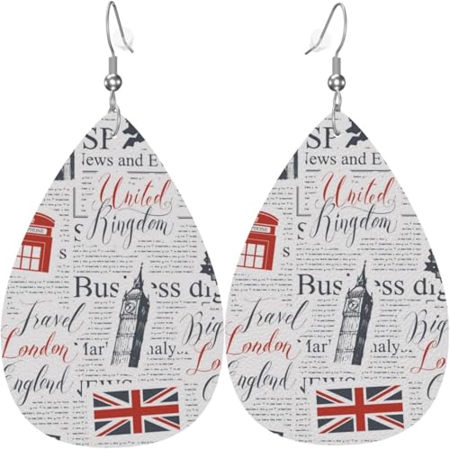 Tropfenförmige Ohrringe, Lederschmuck, Ohrringe für Damen – Großbritannien und London, britische Vintage-Zeitung von Oudrspo