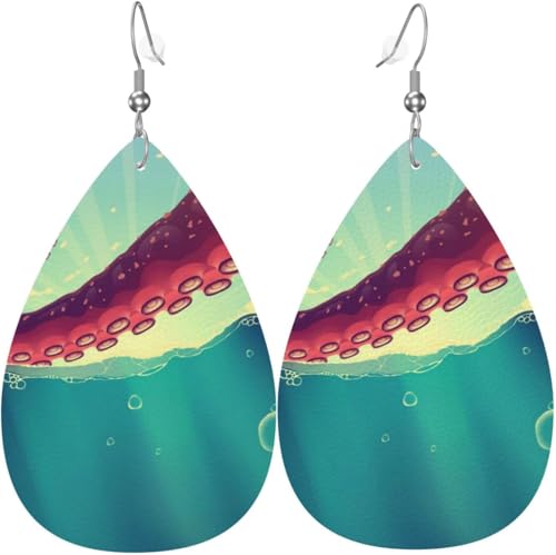 Tropfenförmige Ohrringe, Lederschmuck, Ohrringe für Damen – rote Krake, Tentakeln, Meerwasser von Oudrspo