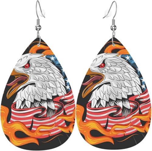 Tropfenförmige Ohrringe für Damen, Lederschmuck, Ohrringe – Adler, USA-Flagge, Feuer von Oudrspo