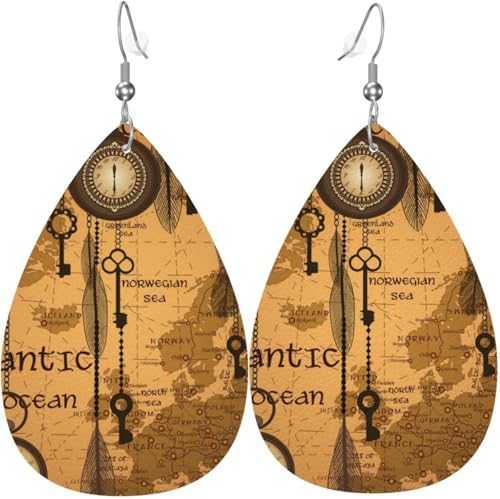 Tropfenförmige Ohrringe für Damen, Lederschmuck, Ohrringe – Antike Weltkartenuhren, alt von Oudrspo
