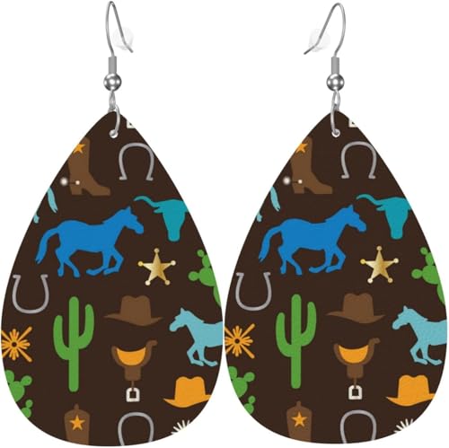Tropfenförmige Ohrringe für Damen, Lederschmuck, Ohrringe – Cowboy, Western, Westpferd, Kaktus von Oudrspo