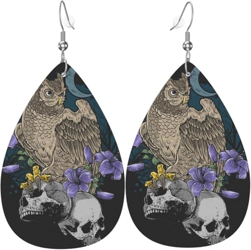 Tropfenförmige Ohrringe für Damen, Lederschmuck, Ohrringe – Eule, Vogel, Blumenmuster mit Totenkopf von Oudrspo