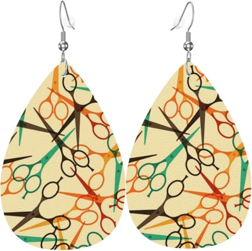 Tropfenförmige Ohrringe für Damen, Lederschmuck, Ohrringe – Friseurwerkzeuge, Retro-Schere, Salon, weiß von Oudrspo