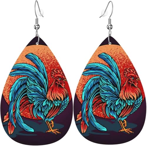 Tropfenförmige Ohrringe für Damen, Lederschmuck, Ohrringe – Hahn, roter Mond von Oudrspo