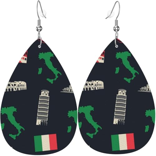 Tropfenförmige Ohrringe für Damen, Lederschmuck, Ohrringe – Italien-Flagge, Karte, Italienisch, Schwarz, Retro, Weiß von Oudrspo