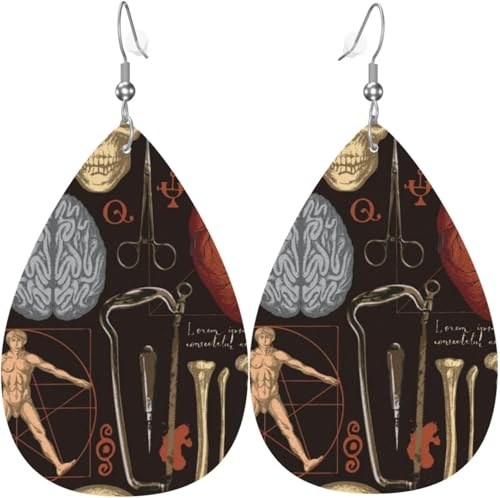Tropfenförmige Ohrringe für Damen, Lederschmuck, Ohrringe – Retro-Knochen, Organe, Totenkopf, Weiß von Oudrspo