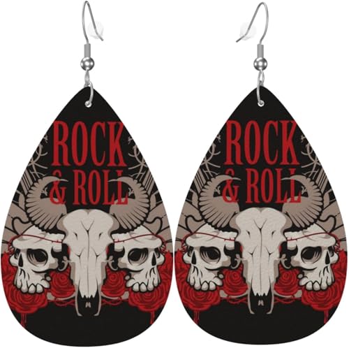 Tropfenförmige Ohrringe für Damen, Lederschmuck, Ohrringe – Rock’n’Roll-Gitarre, Totenkopf, Rosen von Oudrspo