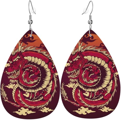 Tropfenförmige Ohrringe für Damen, Lederschmuck, Ohrringe – Roter Drache, Wolke, Japan, traditionell, Weiß von Oudrspo