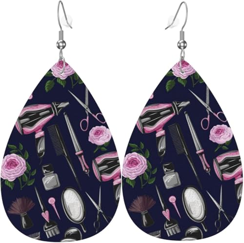 Tropfenförmige Ohrringe für Damen, Lederschmuck, Ohrringe – Schere, Kamm, Salonrose, Weiß von Oudrspo