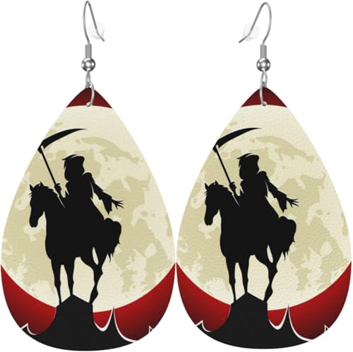 Tropfenförmige Ohrringe für Damen, Lederschmuck, Ohrringe – Sensenmann, Pferd, Mond, Weiß von Oudrspo