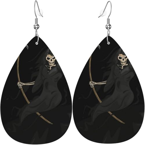 Tropfenförmige Ohrringe für Damen, Lederschmuck, Ohrringe – Sensenmann, Totenkopf, Mond von Oudrspo