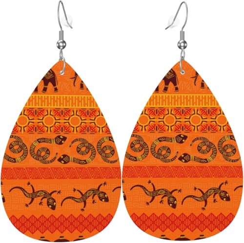 Tropfenförmige Ohrringe für Damen, Lederschmuck, Ohrringe – Stammes-Ethno, Elefant, afrikanische geometrische Eidechse von Oudrspo