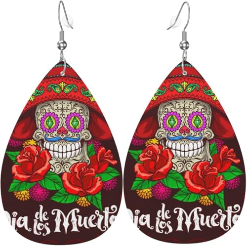 Tropfenförmige Ohrringe für Damen, Lederschmuck, Ohrringe – Tag der Toten, Totenkopf, mexikanische Mexiko von Oudrspo