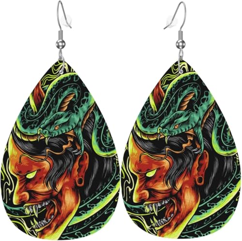 Tropfenförmige Ohrringe für Damen, Lederschmuck, Ohrringe – Teufel, Schlange, Dämon, Japanisch von Oudrspo