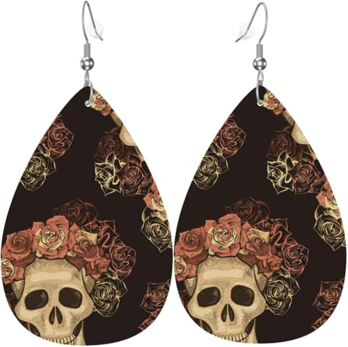 Tropfenförmige Ohrringe für Damen, Lederschmuck, Ohrringe – Totenkopf, Rose, Blume, schwarz von Oudrspo