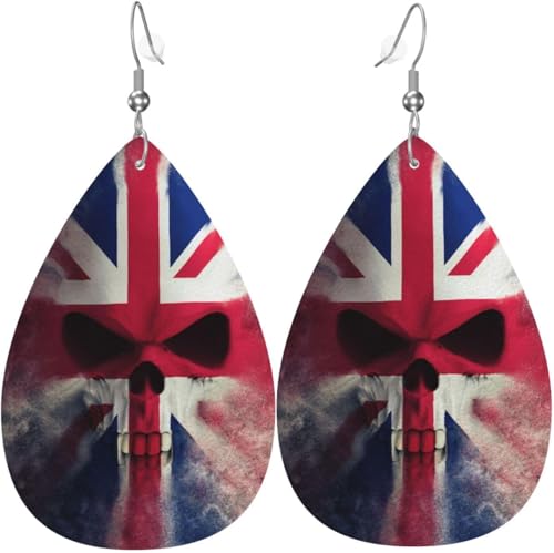 Tropfenförmige Ohrringe für Damen, Lederschmuck, Ohrringe – Totenkopfgesicht, Union Jack, britische Flagge von Oudrspo
