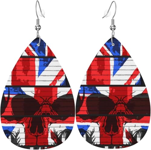 Tropfenförmige Ohrringe für Damen, Lederschmuck, Ohrringe – Union Jack, Totenkopf, britische Flagge, weiß von Oudrspo